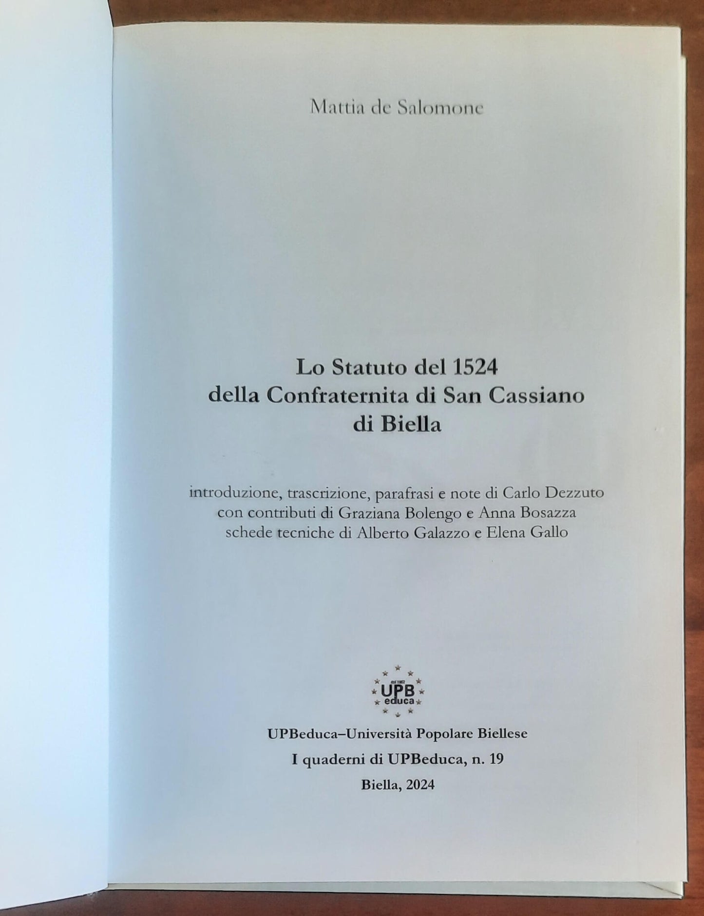 Lo Statuto del 1524 della Confraternita di San Cassiano di Biella