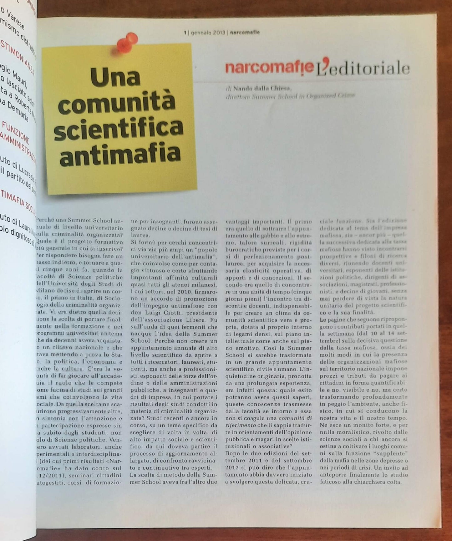 Narcomafie n. 01 - 2013 - Quanto ci costa la mafia. Riflessi economico-sociali del crimine organizzato