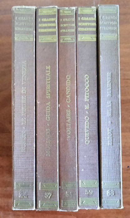 5 libri UTET - I Grandi Scrittori Stranieri - Ruskin, Eliot, De Molinos, Voltaire, Quevedo
