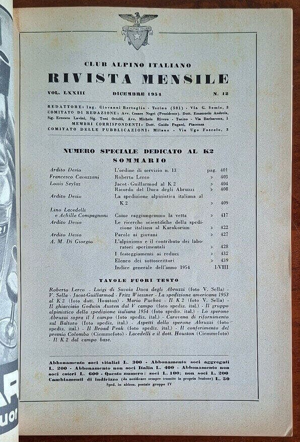 Club Alpino Italiano: Rivista mensile - 1954 - Numero speciale dedicato al K2