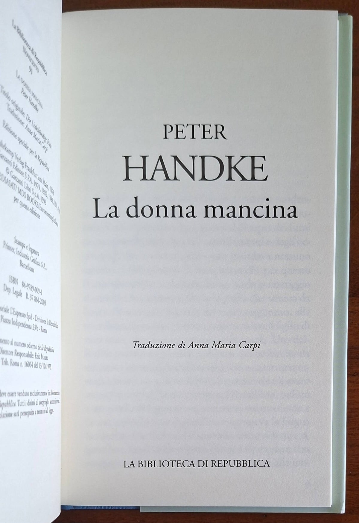 La donna mancina - Peter Handke - Biblioteca Di Repubblica