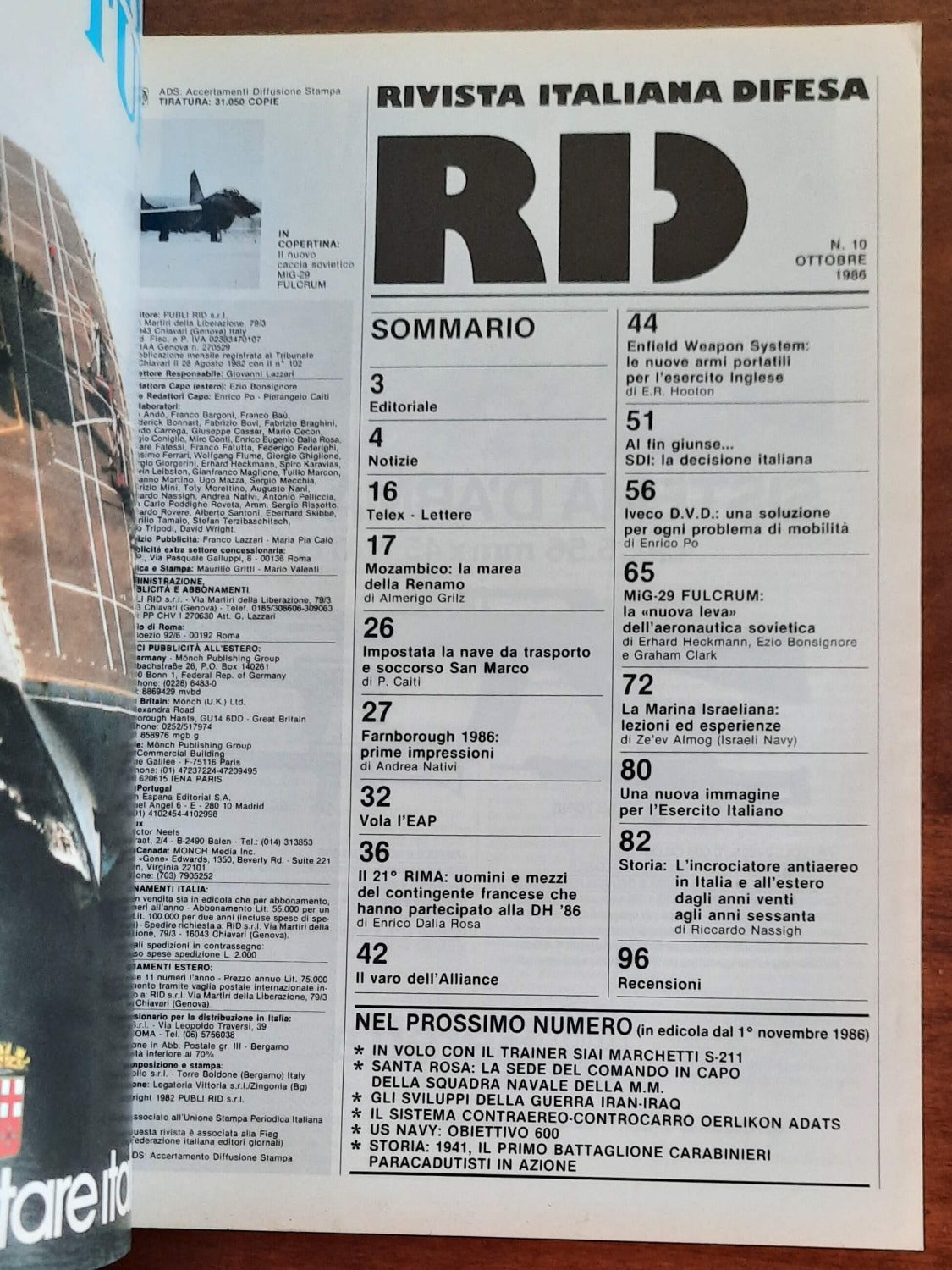 RID Rivista Italiana Difesa n. 10 Ottobre 1986 - Nuovo caccia sovietico MIG 29 FULCRUM