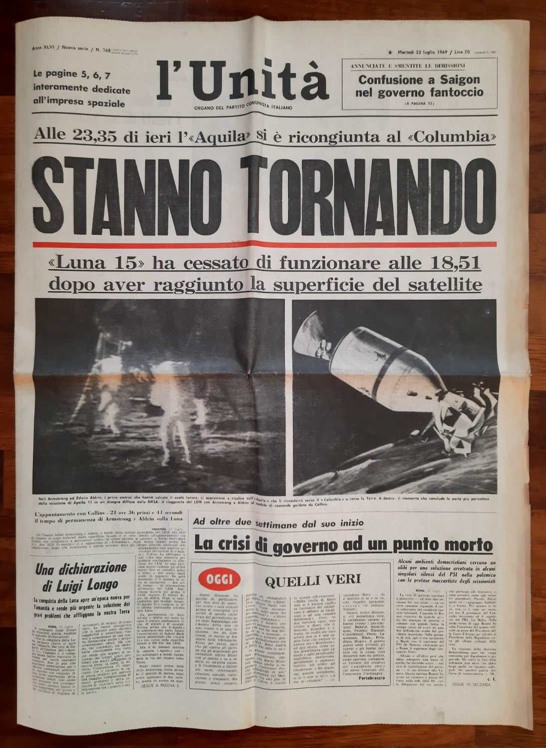 Stanno tornando - L'Unità del 22/7/1969 - Sbarco sulla Luna